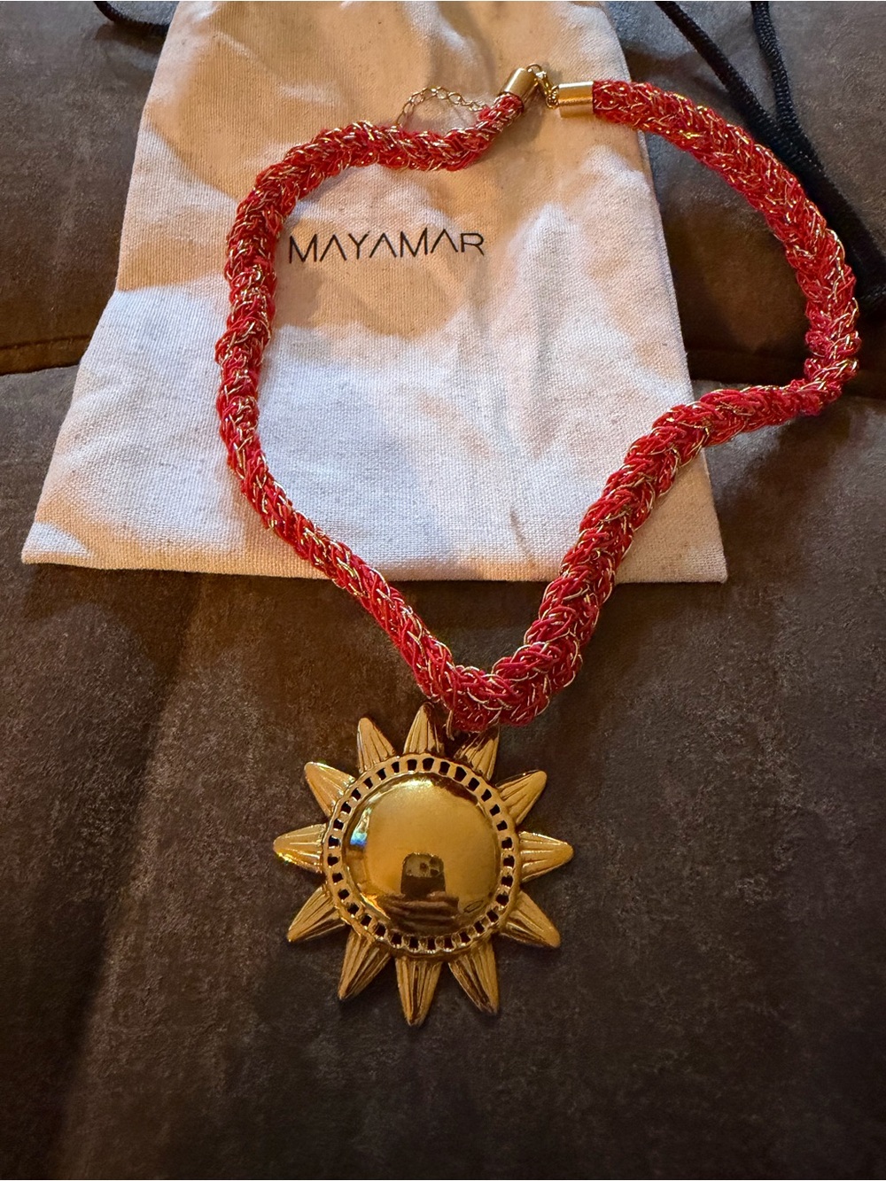 Mayamar Red Braided Necklace with Gold Sun Pendant